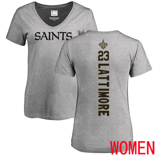 New Orleans Saints Ash Women Marshon Lattimore Backer V Neck NFL Football #23 T Shirt->women nfl jersey->Women Jersey